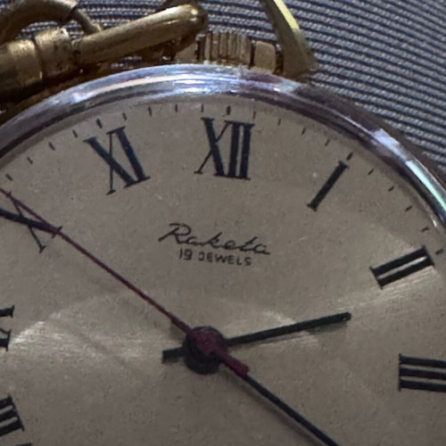 Raketa pocket watch used, 19 jewels, manual winding, gold color