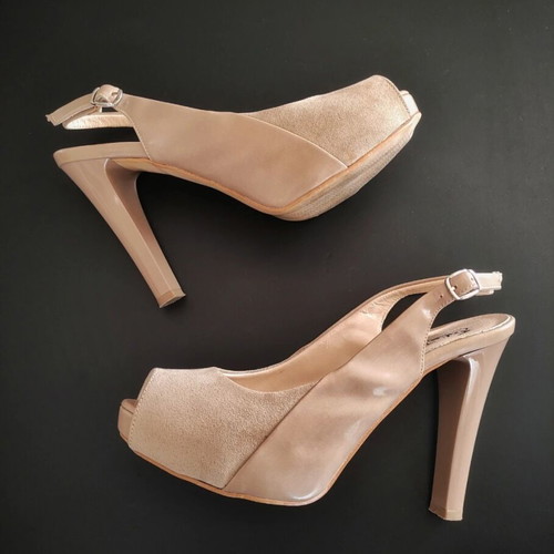 Beige peep toe slingback high heel pumps like new