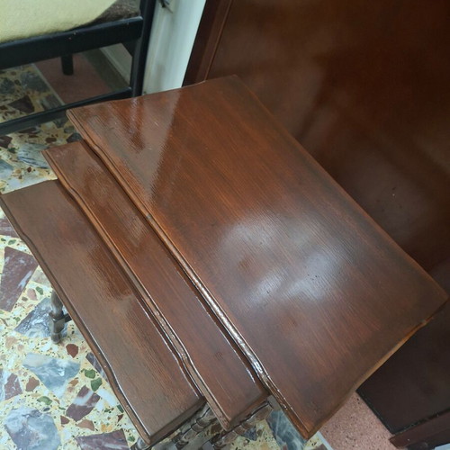 Set of three vintage wooden nesting tables, dark honey color