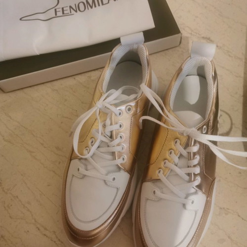 Fenomilano women's sneakers new, white with gold/pink, size 39
