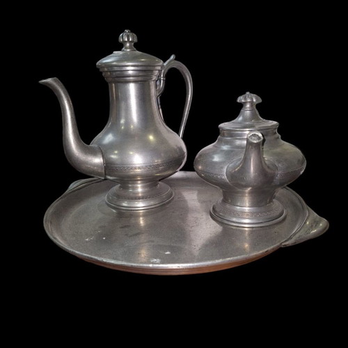 Tin tea set new, tray and 2 teapots