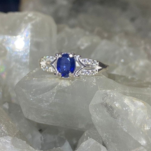 Handmade silver ring with natural blue sapphire and moissanites size 8