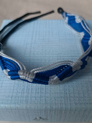 Handmade macrame bracelet used, blue and white with adjustable clasp