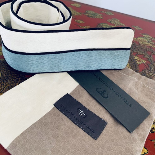Stelios Koudounaris fabric waist belt new, size 80cm, white and aqua
