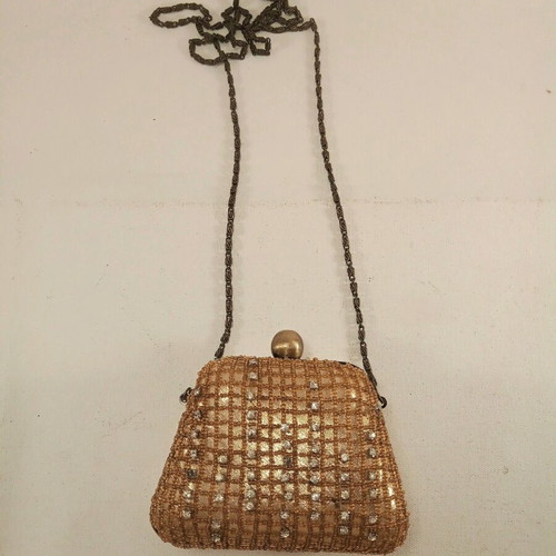 Totem evening clutch bag with beads used, gold shoulder