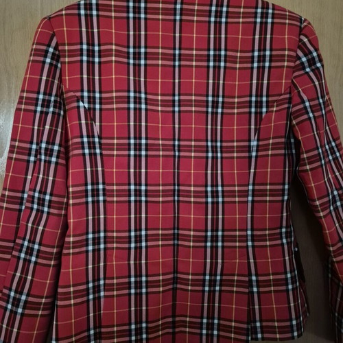 Manolo red plaid jacket with black velvet collar and pockets