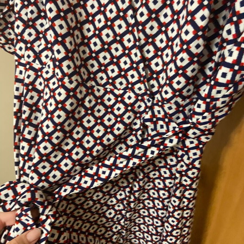 Orion London wrap dress new, size large, blue and red pattern