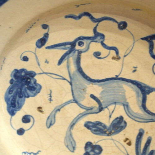 Antique Italian Hand-Painted Dish with Deer, Savona, Mid-19th Century Used