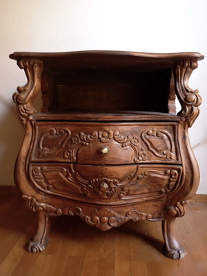 Handmade carved wooden bedside table like new, two drawers
