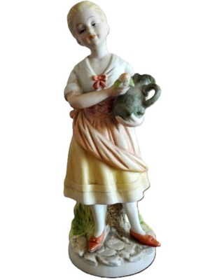 Vintage porcelain figurine Girl with jug in pastel colors like new