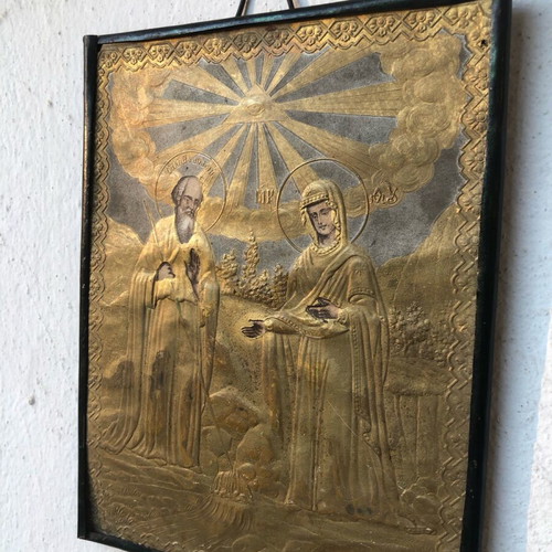 Gilded Copper Engraving of Saint Athanasios Athonitis and Virgin Mary used