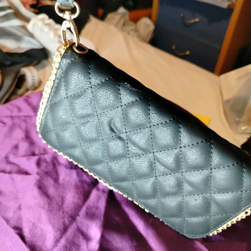 Quilted leather handbag purse used, black with gold details