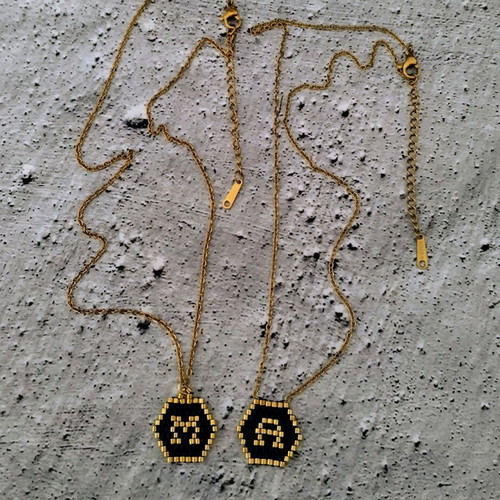 Steel monogram necklace made to order with miyuki beads black and gold
