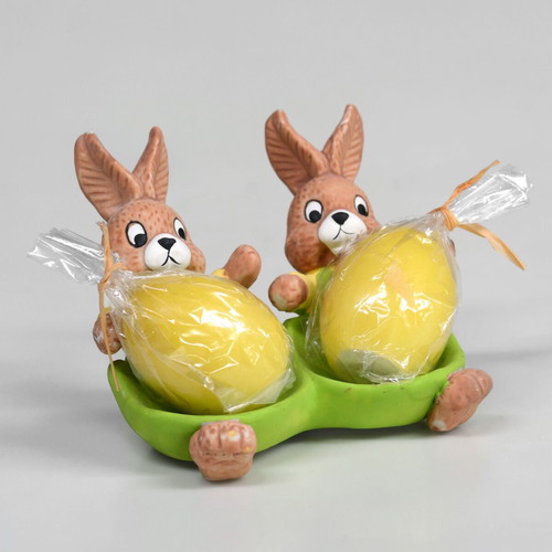 Easter ceramic decoration with bunnies and wax eggs like new