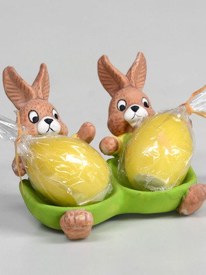 Easter ceramic decoration with bunnies and wax eggs like new