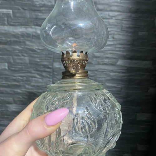 Vintage glass oil lamp 21cm used with embossed floral design