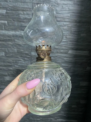 Vintage glass oil lamp 21cm used with embossed floral design