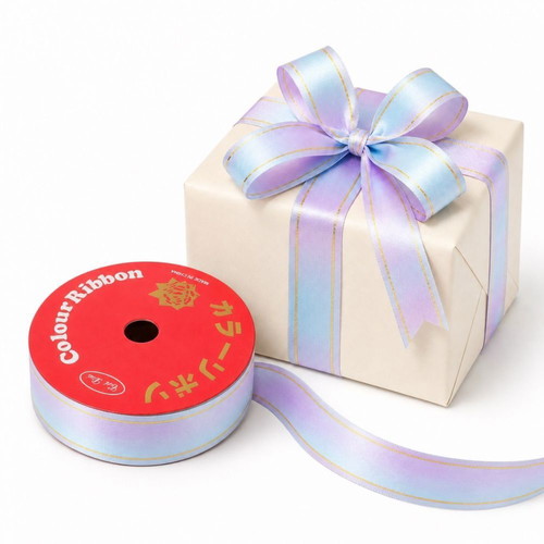 Decorative Curling Ribbon 10m x 1.6cm, pastel blue-purple with gold trim