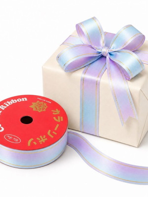 Decorative Curling Ribbon 10m x 1.6cm, pastel blue-purple with gold trim