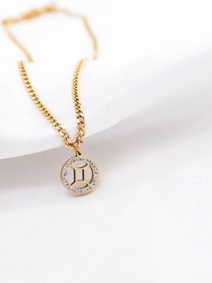 Gemini Zodiac Necklace new, gold plated steel with clear zircon