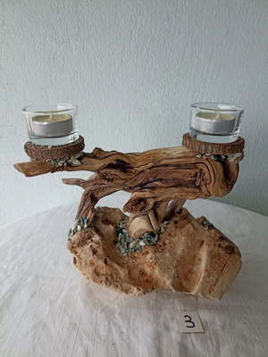 Handmade candlestick with stone and wood, new, holds 2 tealights