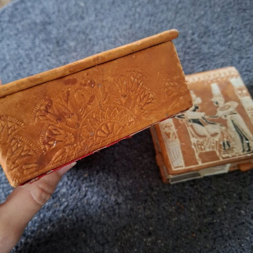 Egyptian leather boxes used, set of two with hand-painted designs