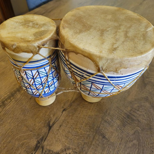 Moroccan Clay Bongos used, handmade ethnic percussion drums