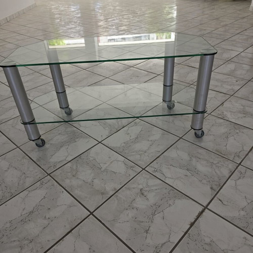 Glass TV table with wheels