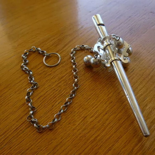 17th Century Dutch Antique Silver Baby Rattle Whistle used