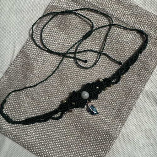 Macrame Forest Leaf choker with dendritic agate and enamel, new