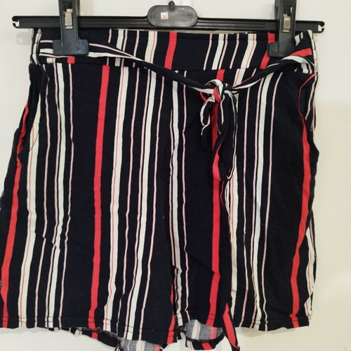 High-waist striped viscose shorts, navy with red and white stripes