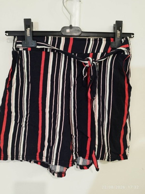 High-waist striped viscose shorts, navy with red and white stripes