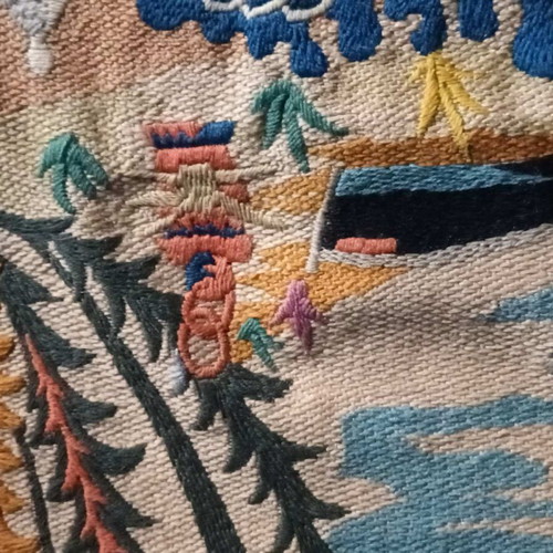 Old embroidery with flat stitch for framing used