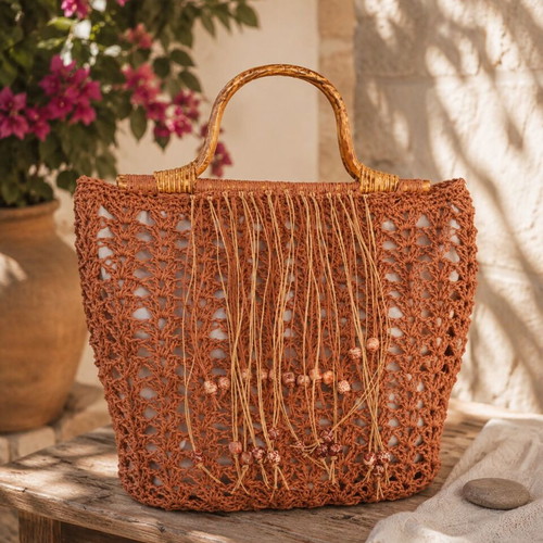 Terra Boho crochet handbag with wooden handle, terracotta