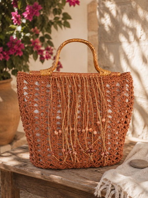 Terra Boho crochet handbag with wooden handle, terracotta