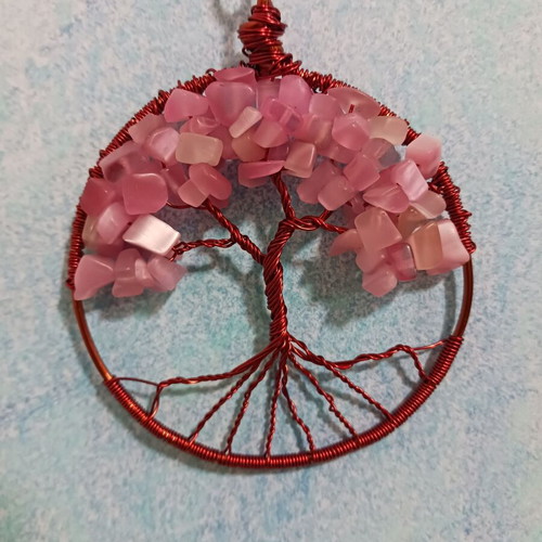 Tree of Life Pendant new with varnished copper wire and pink semi-precious stones