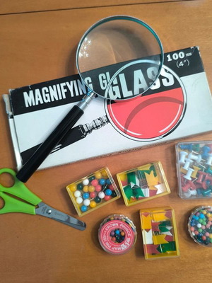Magnifying glass, scissors and boxes of pins new