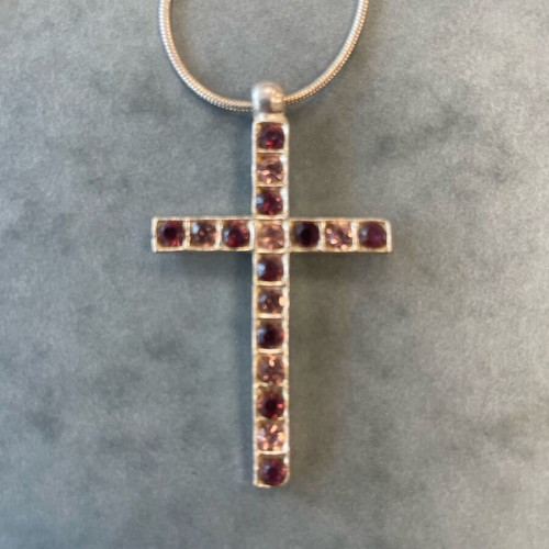 Silver Necklace Cross with Pink and Purple Rhinestones like new