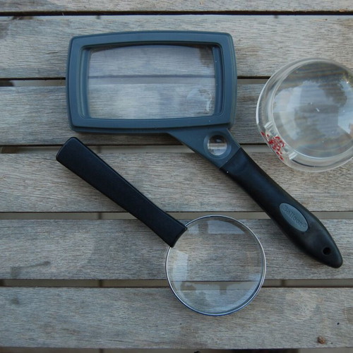 Magnifying lenses used, set of three, reading aids for vision problems