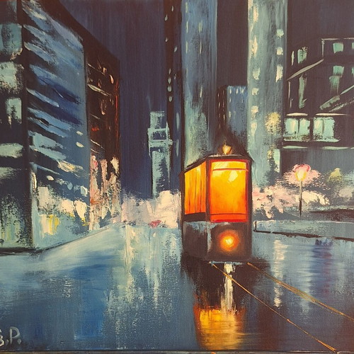 Evening Tram Oil Painting on Canvas 40x50, New