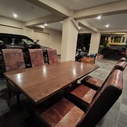 Solid Wood Dining Set with 6 High-Back Leather Chairs used