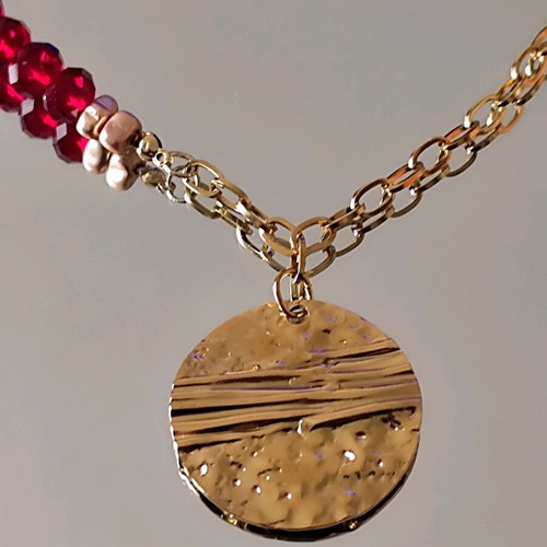 Handmade steel necklace like new, red and gold