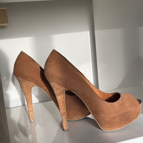 Suede Peep-Toe Shoes with Cork Platform and Heel, Used, Size 38