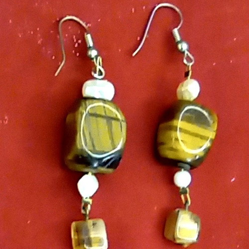 Vintage Handmade Tiger's Eye And Pearl Earrings 6 cm, like new
