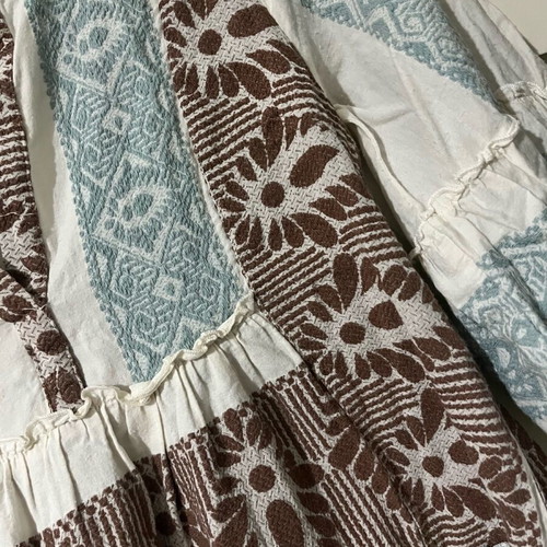 Boho embroidered linen dress new, beige with blue and brown patterns