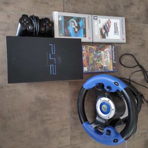 PlayStation 2 console used with controller, Hurricane wheel and 3 games