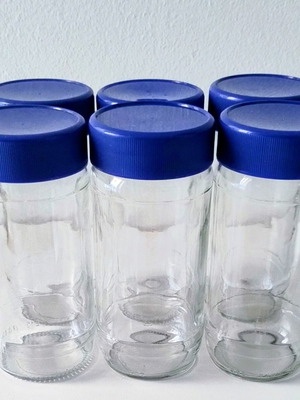 Set of 6 identical glass jars 15cm with blue plastic screw lids
