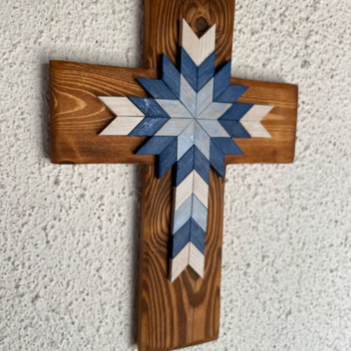 Handmade wooden wall cross with geometric design new