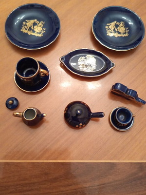 Vintage porcelain miniature set, cobalt blue and gold, 11 pieces, Made in Japan