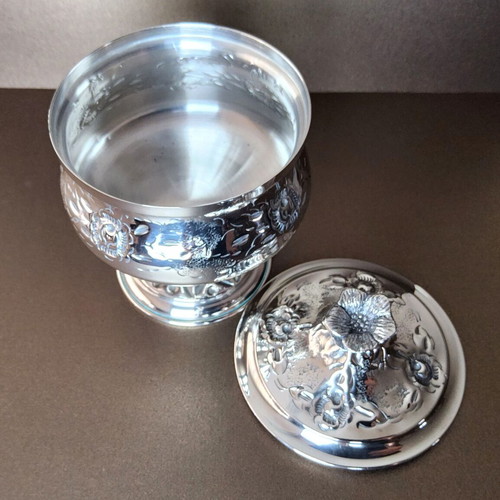 Traditional footed sugar bowl used, silver-plated brass with floral decoration